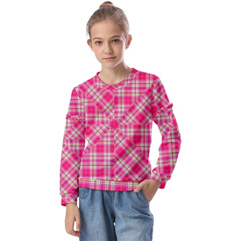 Pink Tartan-10 Kids  Long Sleeve Tee With Frill  by tartantotartanspink