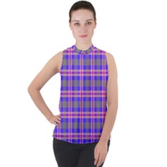 Tartan Purple Mock Neck Chiffon Sleeveless Top