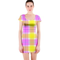 Pink Tartan-8 Short Sleeve Bodycon Dress