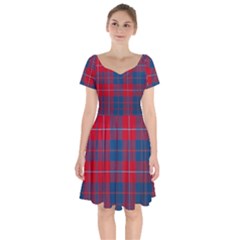 Galloway Red Modern Tartan Short Sleeve Bardot Dress by tartantotartansred