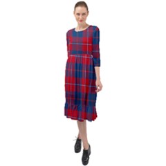 Galloway Red Modern Tartan Ruffle End Midi Chiffon Dress