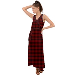 Tartan Red V-Neck Chiffon Maxi Dress