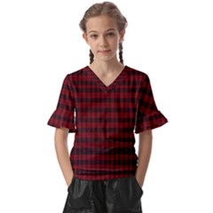 Tartan Red Kids  V-Neck Horn Sleeve Blouse