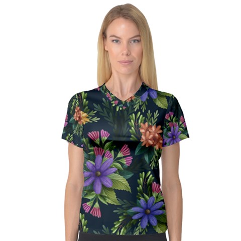 Dark Floral V-neck Sport Mesh Tee by HWDesign