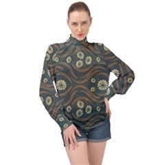 Folk Flowers Print Floral Pattern Ethnic Art High Neck Long Sleeve Chiffon Top