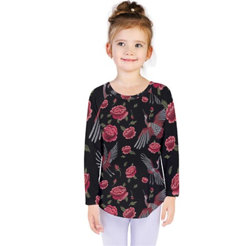 Cranes N Roses Kids  Long Sleeve Tee by HWDesign