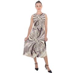 Fractal Feathers Midi Tie-back Chiffon Dress by MRNStudios