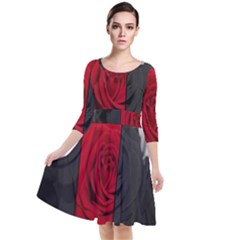 Roses Rouge Fleurs Quarter Sleeve Waist Band Dress