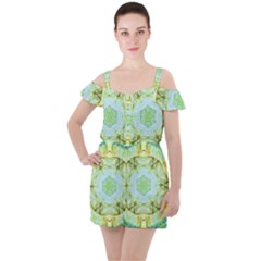 Green Marble Ruffle Cut Out Chiffon Playsuit by 3cl3ctix