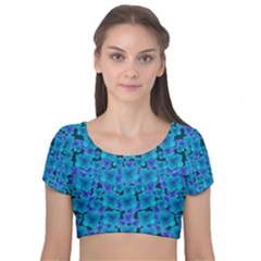 Blue In Bloom On Fauna A Joy For The Soul Decorative Velvet Short Sleeve Crop Top 