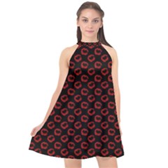 Red Lips Kiss Glitter Halter Neckline Chiffon Dress 