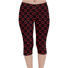 Red Lips Kiss Glitter Velvet Capri Leggings  by idjy