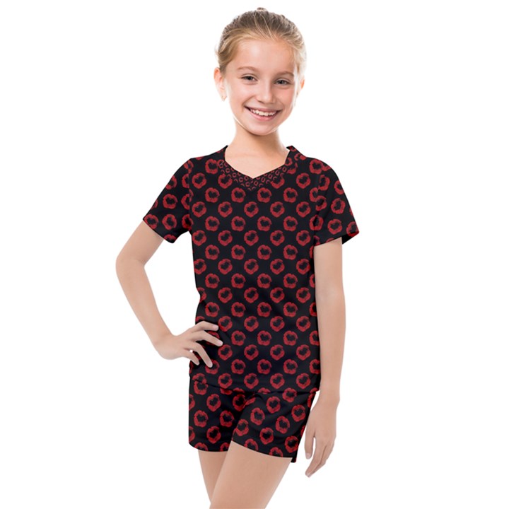 Red Lips Kiss Glitter Kids  Mesh Tee and Shorts Set