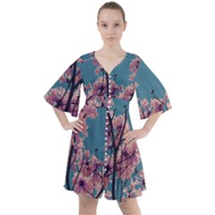 Colorful Floral Leaves Photo Boho Button Up Dress by dflcprintsclothing