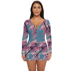 Colorful Floral Leaves Photo Long Sleeve Boyleg Swimsuit