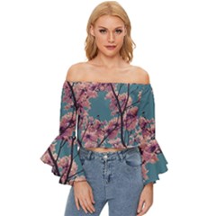 Colorful Floral Leaves Photo Off Shoulder Flutter Bell Sleeve Top by dflcprintsclothing