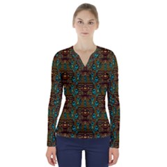 Artworks Pattern Leather Lady In Gold And Flowers V-neck Long Sleeve Top by pepitasart