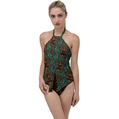 Artworks Pattern Leather Lady In Gold And Flowers Go With The Flow One Piece Swimsuit by pepitasart