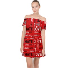 Love And Hate Typographic Design Pattern Off Shoulder Chiffon Dress by dflcprintsclothing