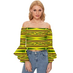 Abstract Pattern Geometric Backgrounds Off Shoulder Flutter Bell Sleeve Top