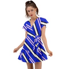 Diagonal Stripes On Blue Flutter Sleeve Wrap Dress by FunDressesShop