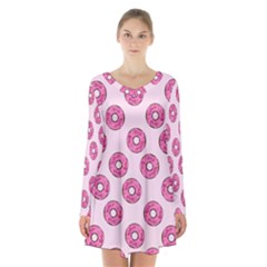 Sprinkled Donuts On Pink Long Sleeve Velvet V-neck Dress by FunDressesShop