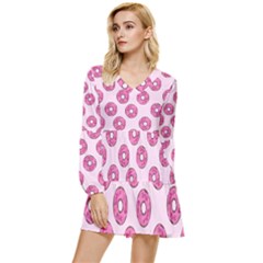 Sprinkled Donuts On Pink Tiered Long Sleeve Mini Dress by FunDressesShop