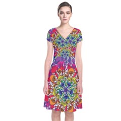 Rainbow Mushroom Mandala Short Sleeve Front Wrap Dress by steampunkbabygirl