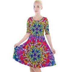 Rainbow Mushroom Mandala Quarter Sleeve A-line Dress