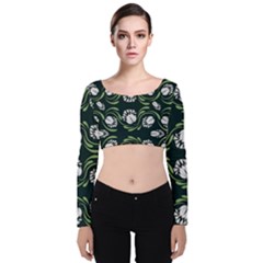 Folk Flowers Print Floral Pattern Ethnic Art Velvet Long Sleeve Crop Top by Eskimos