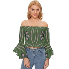 Folk Flowers Print Floral Pattern Ethnic Art Off Shoulder Flutter Bell Sleeve Top