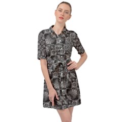 Black And Grey Rocky Geometric Pattern Design Belted Shirt Dress by dflcprintsclothing