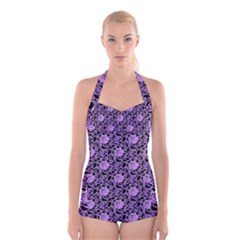 Electric Neon Abstract Print Pattern Boyleg Halter Swimsuit  by dflcprintsclothing