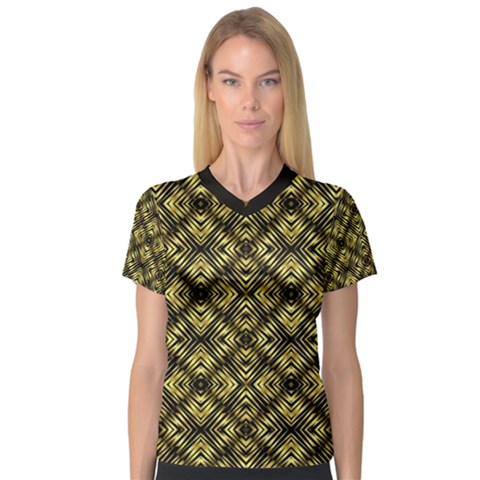 Tiled Mozaic Pattern, Gold And Black Color Symetric Design V-neck Sport Mesh Tee by Casemiro