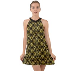 Tiled Mozaic Pattern, Gold And Black Color Symetric Design Halter Tie Back Chiffon Dress by Casemiro