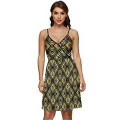 Tiled mozaic pattern, gold and black color symetric design V-Neck Pocket Summer Dress 