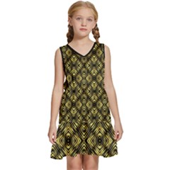 Tiled Mozaic Pattern, Gold And Black Color Symetric Design Kids  Sleeveless Tiered Mini Dress