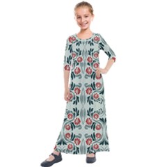 Folk Flowers Print Floral Pattern Ethnic Art Kids  Quarter Sleeve Maxi Dress by Eskimos