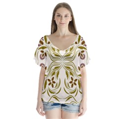 Folk Flowers Print Floral Pattern Ethnic Art V-neck Flutter Sleeve Top by Eskimos