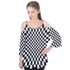 Illusion Checkerboard Black And White Pattern Flutter Sleeve Tee 