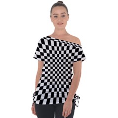 Illusion Checkerboard Black And White Pattern Off Shoulder Tie-Up Tee