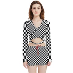 Illusion Checkerboard Black And White Pattern Velvet Wrap Crop Top and Shorts Set