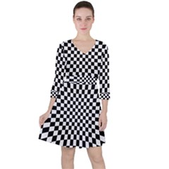 Illusion Checkerboard Black And White Pattern Quarter Sleeve Ruffle Waist Dress