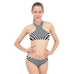 Illusion Checkerboard Black And White Pattern High Neck Bikini Set by Nexatart