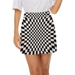 Illusion Checkerboard Black And White Pattern Mini Front Wrap Skirt