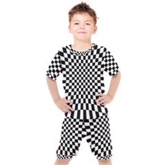 Illusion Checkerboard Black And White Pattern Kids  Tee And Shorts Set