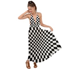 Illusion Checkerboard Black And White Pattern Backless Maxi Beach Dress