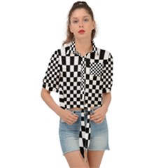 Illusion Checkerboard Black And White Pattern Tie Front Shirt 