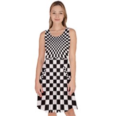 Illusion Checkerboard Black And White Pattern Knee Length Skater Dress With Pockets