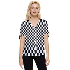 Illusion Checkerboard Black And White Pattern Bow Sleeve Button Up Top